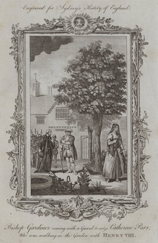Gardiner püspök egy őrrel jön, hogy megragadja Catherine Parrt, aki VIII. Henrikkel sétált a kertben (metszet) alkotó: Samuel (after) Wale