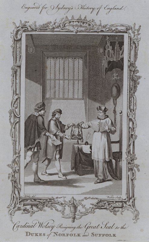 Wolsey bíboros lemondott a Norfolk és Suffolk hercegek nagy pecsétjéről (metszet) alkotó: Samuel (after) Wale