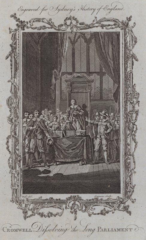 Cromwell feloszlatja a hosszú parlamentet (metszet) alkotó: Samuel (after) Wale