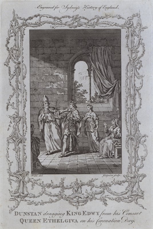 Dunstan elrángatja Edwy királyt hitvesétől, Ethelgiva királynőtől a koronázási napján (metszet) alkotó: Samuel (after) Wale