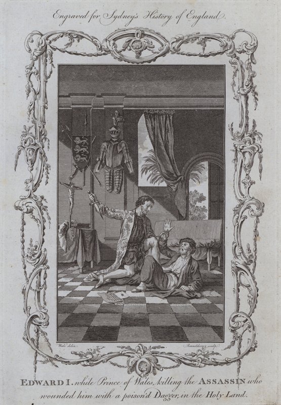 I. Edward, miközben a walesi herceg megöli az őt mérgezett tőrrel megsebesítő bérgyilkost a Szentföldön (metszet) alkotó: Samuel (after) Wale