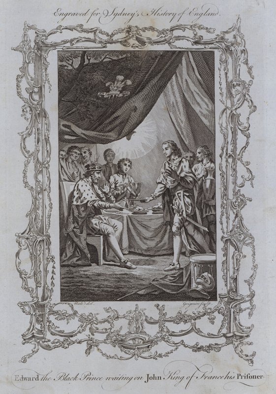 Edward, a Fekete Herceg várja, hogy John, Franciaország királya, az ő fogolya (metszet) alkotó: Samuel (after) Wale