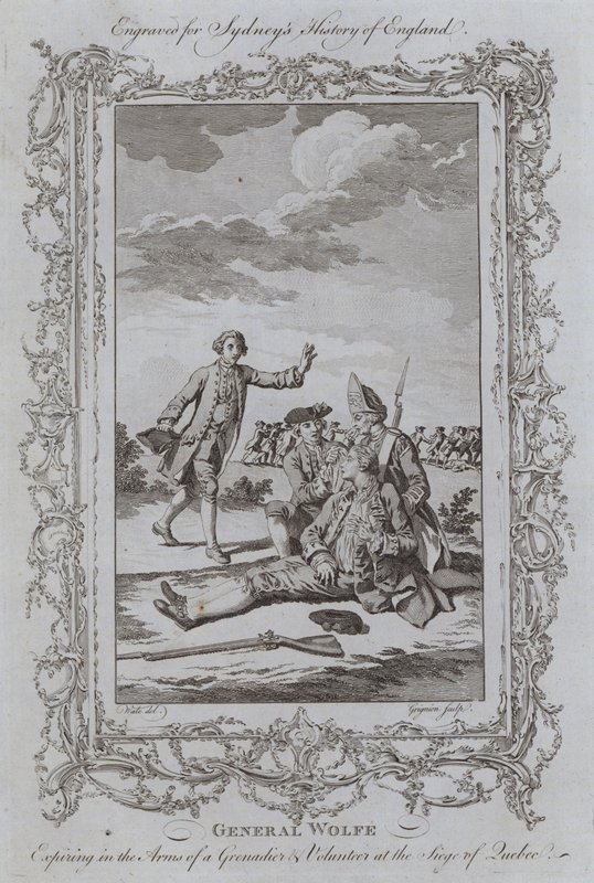Wolfe tábornok egy gránátos karjaiban lejár és önkéntes Quebec ostrománál (metszet) alkotó: Samuel (after) Wale