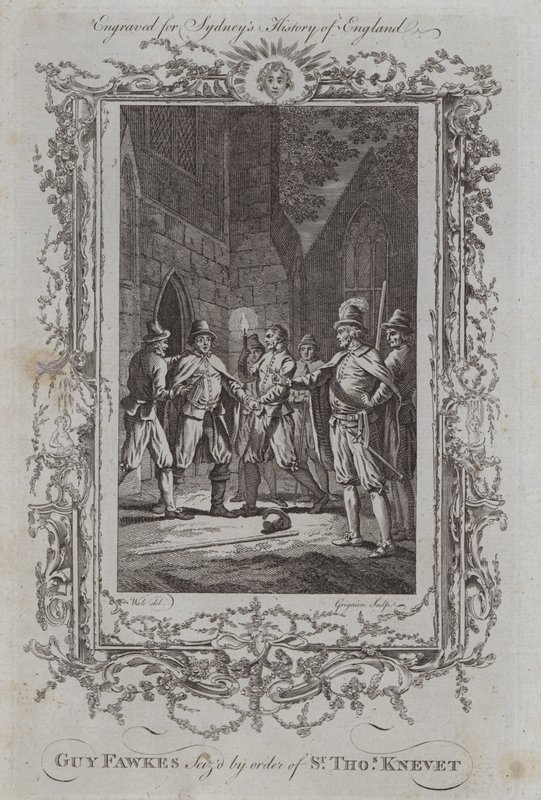 Guy Fawkest Sir Thomas Knevet parancsára lefoglalták (metszet) alkotó: Samuel (after) Wale