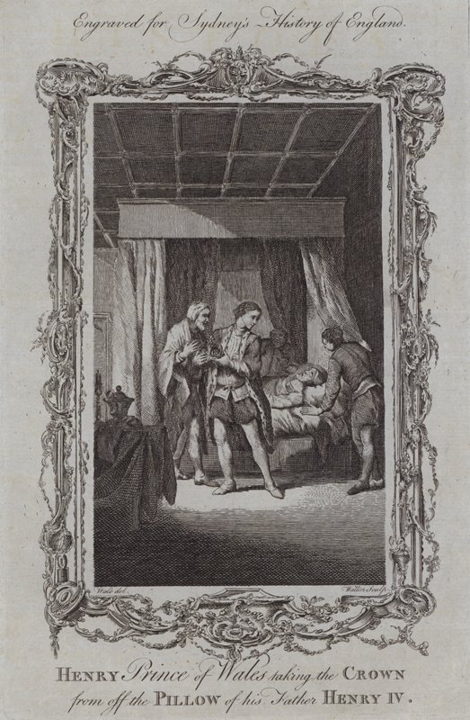 Henry walesi herceg leveszi a koronát apja IV. Henrik párnájáról (metszet) alkotó: Samuel (after) Wale