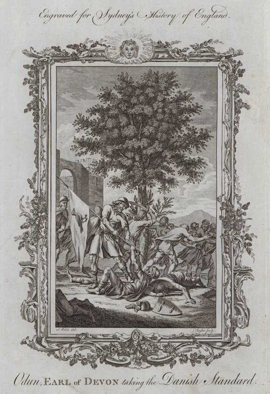 Odun, Devon grófja a dán szabványt alkalmazza (metszet) alkotó: Samuel (after) Wale