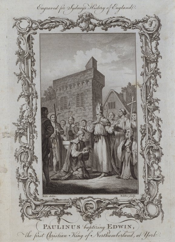 Paulinus megkeresztelte Edwint, Northumberland első keresztény királyát Yorkban (metszet) alkotó: Samuel (after) Wale
