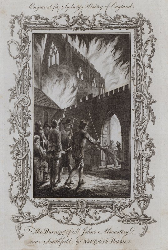 A Szent János-kolostor égése, Smithfield közelében, Wat Tyler Rabble-je (metszet) alkotó: Samuel (after) Wale