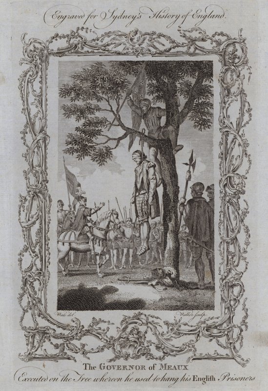 Meaux kormányzóját kivégezték azon a fán, amelyre felakasztotta angol foglyait (metszet) alkotó: Samuel (after) Wale