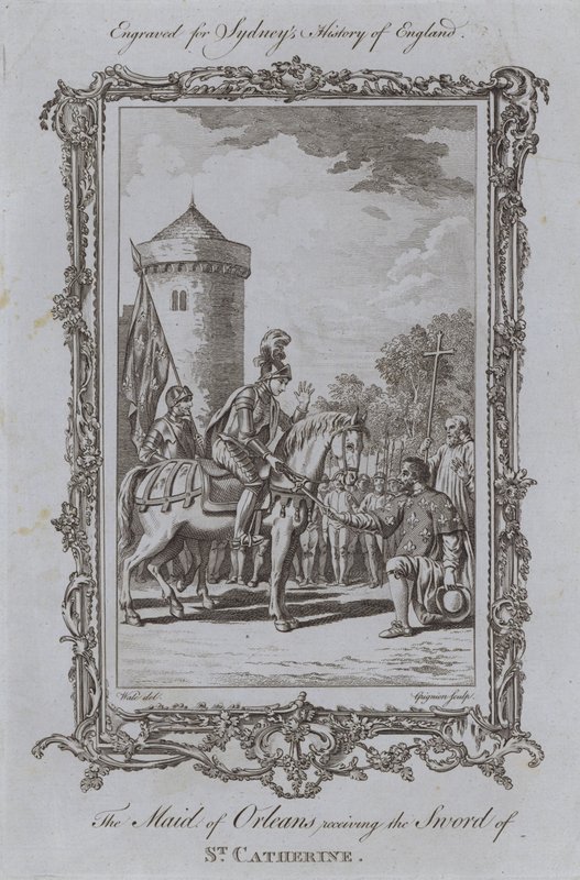 Az orléansi szobalány átveszi Szent Katalin kardját (metszet) alkotó: Samuel (after) Wale