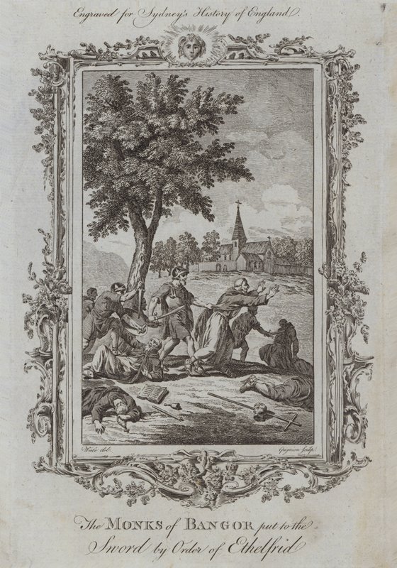 A bangori szerzetesek, akiket Ethelfrid rendje kardélt meg (metszet) alkotó: Samuel (after) Wale