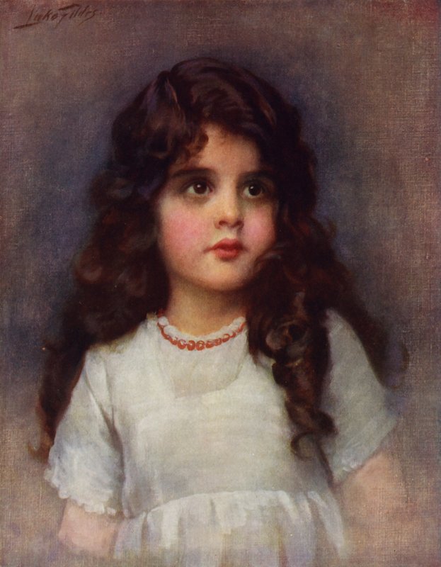 Göndör tincsek: egy csinos, fiatal lány portréja hosszú, sötét göndör hajjal (színes litho) alkotó: Samuel Luke (after) Fildes