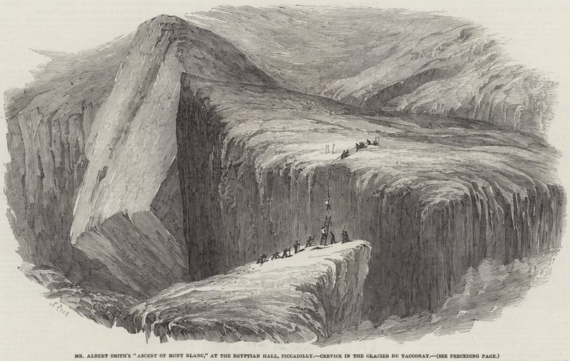Albert Smith úr felemelkedése a Mont Blanc-ra, az Egyptian Hallban, Piccadilly-ben, a Glacier du Tacconay-i résben alkotó: Samuel Read