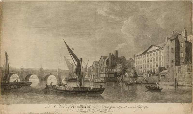 Kilátás a Westminster hídra a szomszédos részekkel, mint 1760-ban alkotó: Samuel Scott