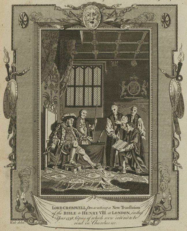 Lord Cromwell bemutatja a Biblia új fordítását VIII. Henrik királynak Londonban, 1538-ban. alkotó: Samuel Wale