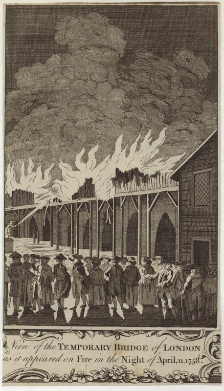 A londoni ideiglenes híd látképe, amint 1758. április 11-én éjjel kigyulladt. alkotó: Samuel Wale