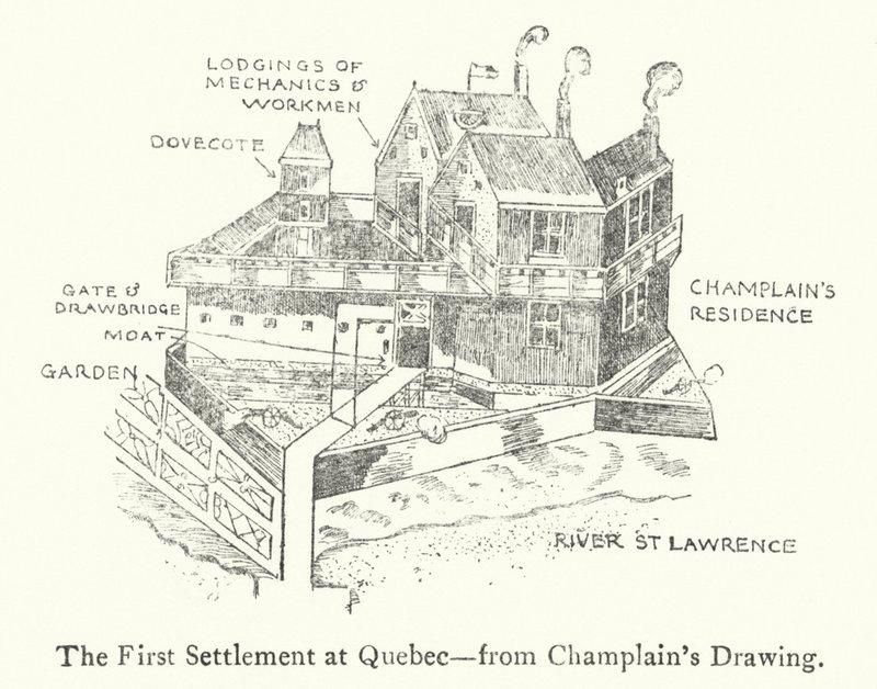 Az első francia település Quebecben, a 17. század elején (litho) alkotó: Samuel de Champlain