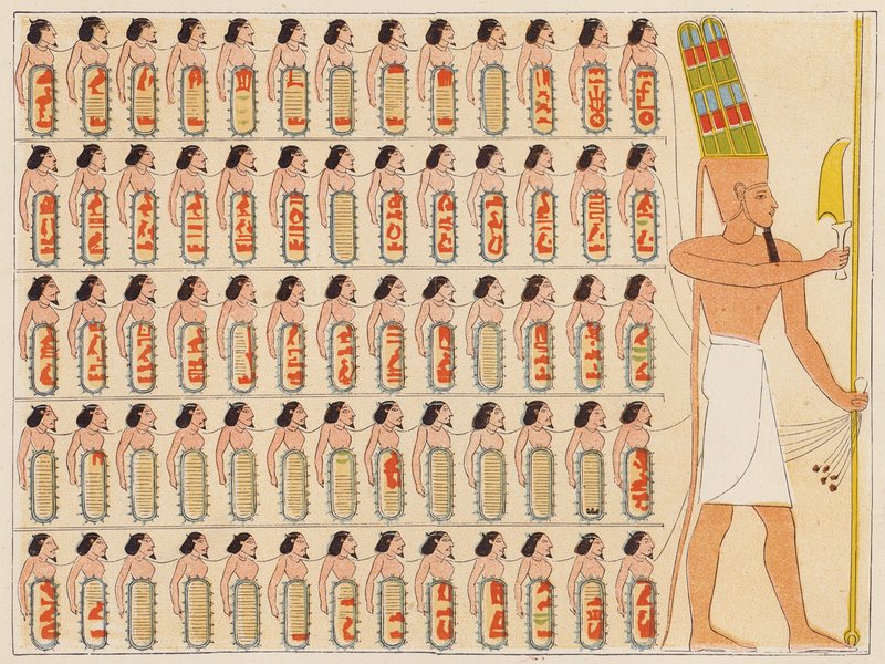 Az ókori egyiptomi fáraó, I. Szoszenk fáraó serege élén (színes litográfia) alkotó: School Egyptian