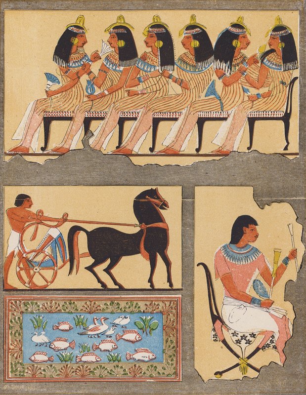 Freskók egy ókori egyiptomi sírból, Théba (színes litográfia) alkotó: School Egyptian