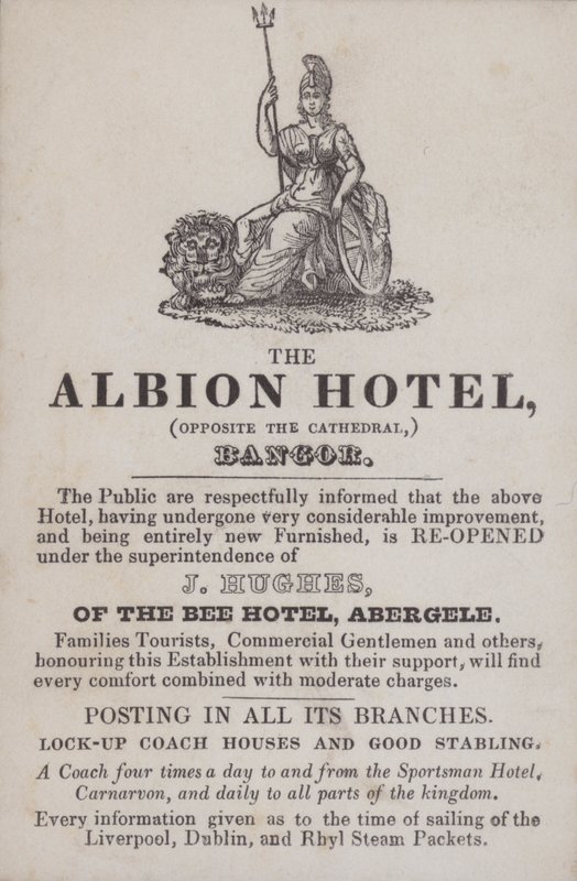 Az Albion Hotel hirdetése, Bangor, Észak-Wales (metszet) alkotó: School Welsh