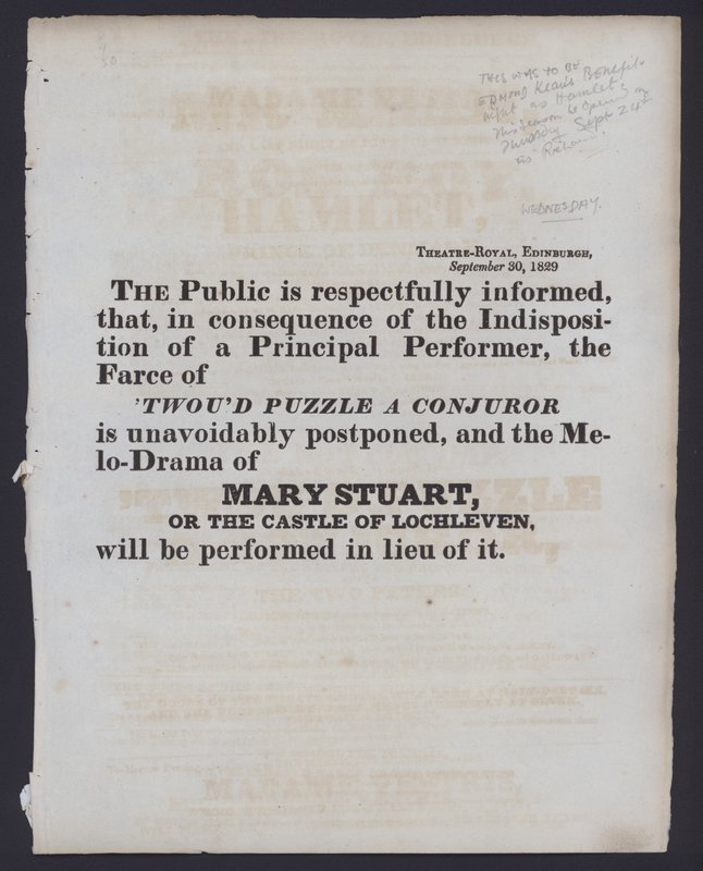 Értesítés a számlázott előadás változásáról a Theatre Royalben, Edinburgh, 1829. szeptember 30. (litho) alkotó: Scottish School