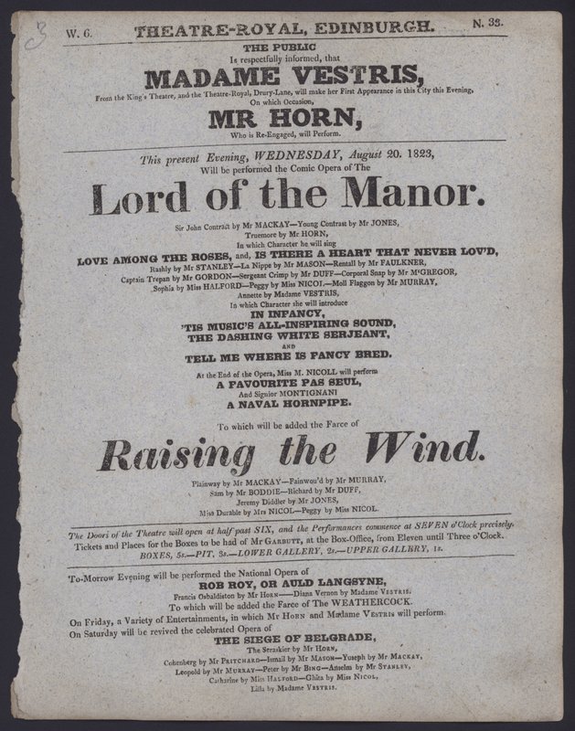 Színházi program a Theatre Royal számára, Edinburgh, 1823. augusztus 20. (litho) alkotó: Scottish School