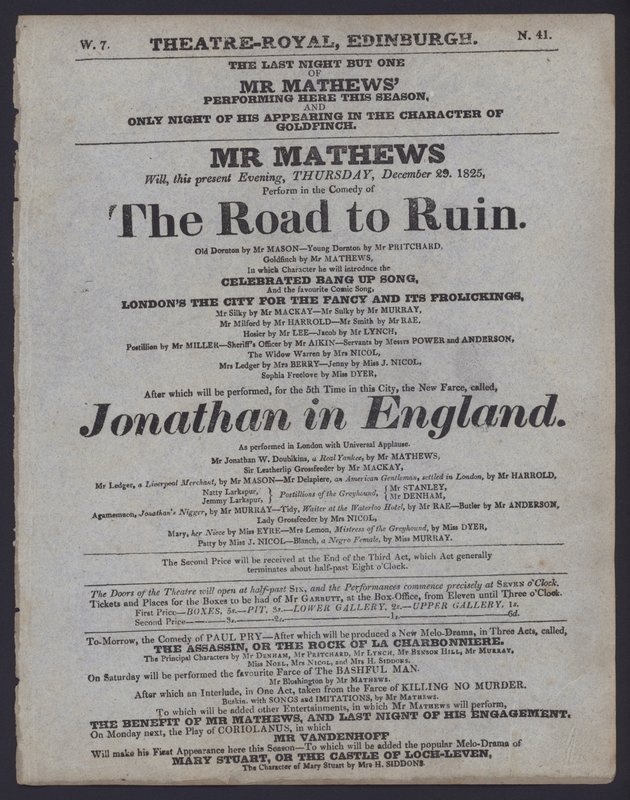 Színházi program a Theatre Royal számára, Edinburgh, 1825. december 29. (litho) alkotó: Scottish School