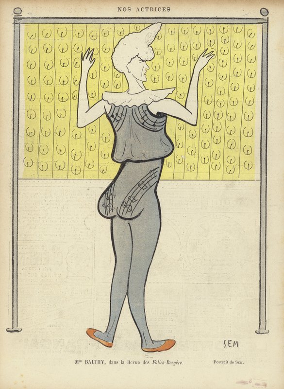 Louise Balthy, francia színésznő, a Folies-Bergerében, illusztráció a Le Rire számára alkotó: Sem
