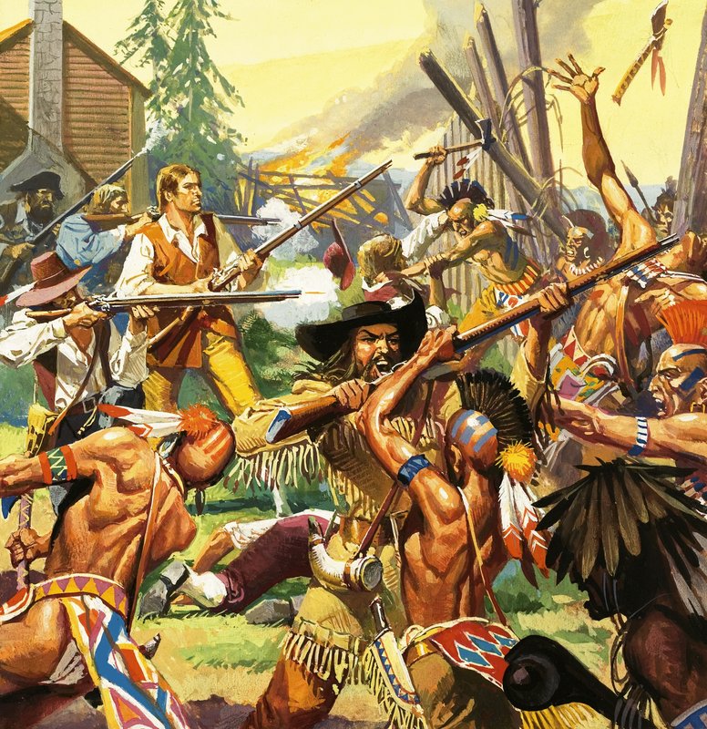 Daniel Boone egy Kentucky-i tanyát véd a támadó indiánoktól alkotó: Severino Baraldi