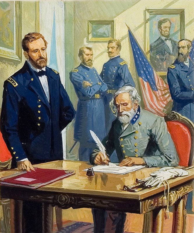 Ulysses Grant tábornok elfogadja Lee tábornok Appomattoxban történt megadásának tényét. alkotó: Severino Baraldi