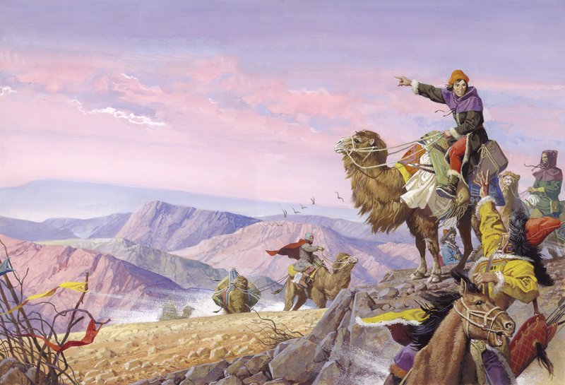 Marco Polo a hosszú úton Katáj felé, 20. század (gouache, papír) alkotó: Severino Baraldi