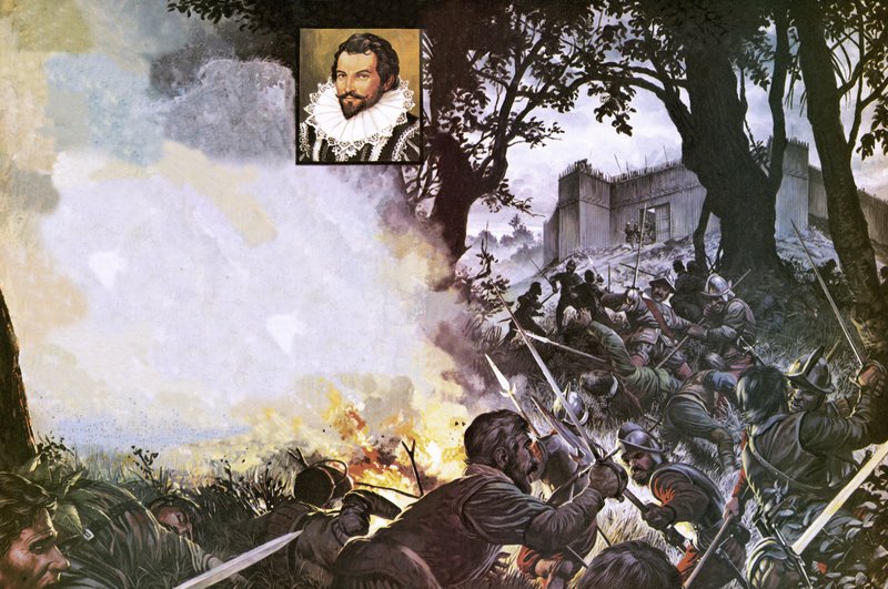 Sir Walter Raleigh emberei megtámadnak egy spanyol erődöt... alkotó: Severino Baraldi