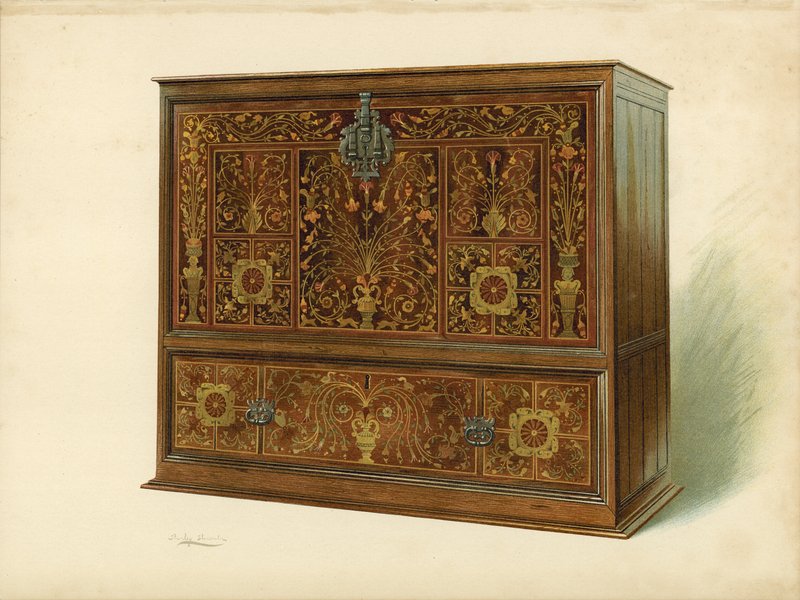 Intarziával kirakott szekrény, Sir George Donaldson (chromolitho) tulajdona alkotó: Shirley Charles Llewellyn Slocombe