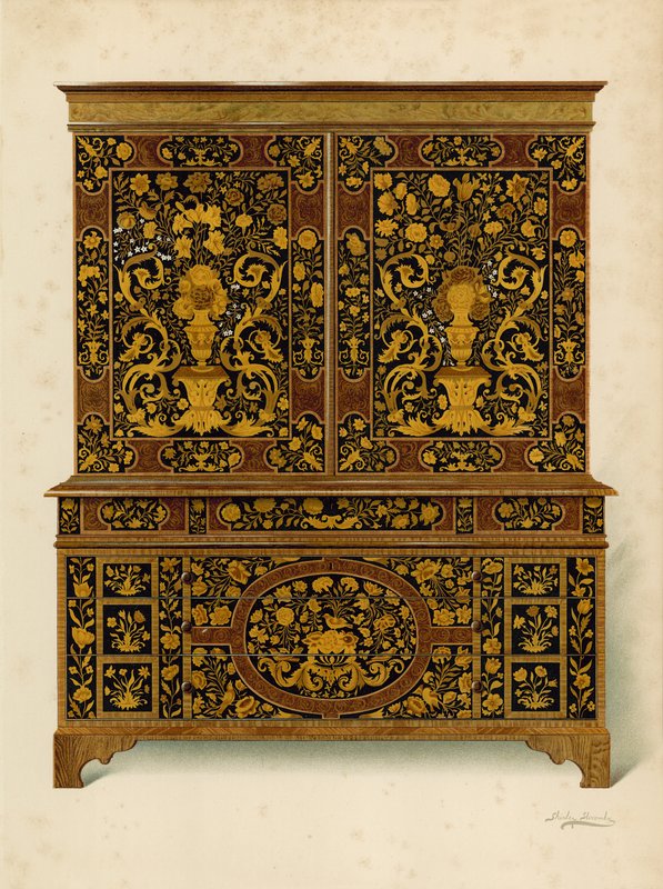 Intarziával kirakott kabinetprés, Exeter márquess (chromolitho) tulajdona alkotó: Shirley Charles Llewellyn Slocombe