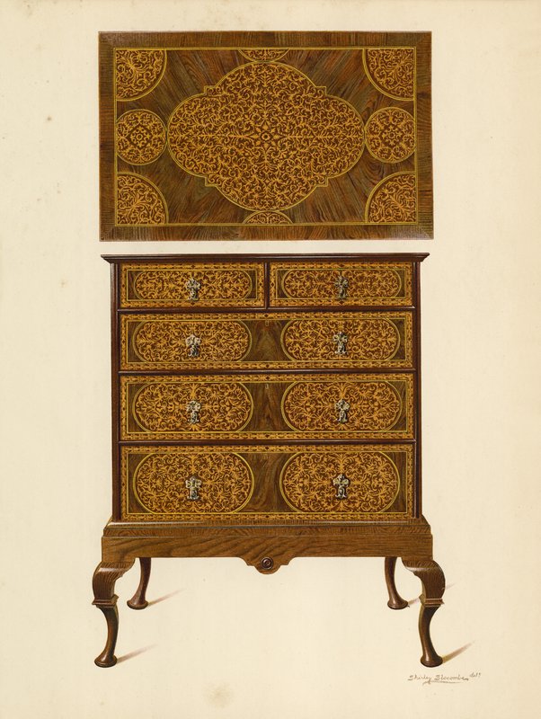 Intarziával kirakott komód (chromolitho) alkotó: Shirley Charles Llewellyn Slocombe