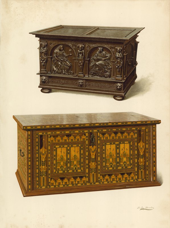 Tölgyfa láda, Seymour Lucas tulajdona; Tölgy berakásos Nonesuch mellkas (chromolitho) alkotó: Shirley Charles Llewellyn Slocombe