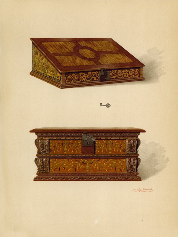 Tölgy intarziás doboz, Edward Quilter tulajdona; Tölgy intarziás doboz, Edward Quilter (chromolitho) tulajdona alkotó: Shirley Charles Llewellyn Slocombe