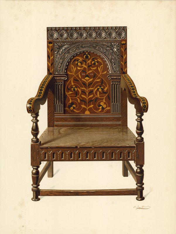 Tölgy intarziás szék, Miss Dorothy Chune Fletcher (chromolitho) tulajdona alkotó: Shirley Charles Llewellyn Slocombe