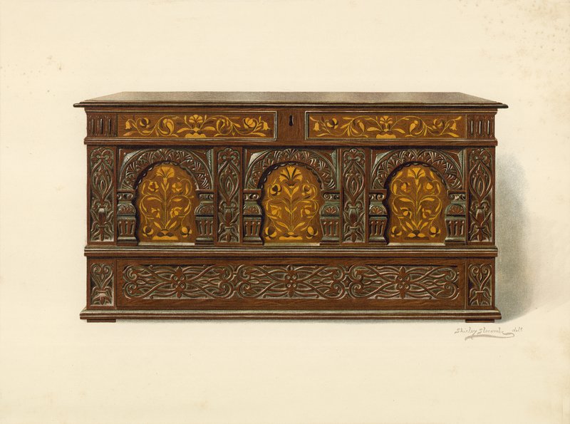 Tölgyfa intarziás láda, Arthur James tulajdona (chromolitho) alkotó: Shirley Charles Llewellyn Slocombe