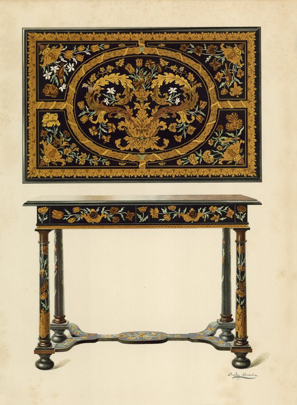 Marqueterie-vel kirakott asztal, Lord Zouche of Haryngworth (chromolitho) tulajdona alkotó: Shirley Charles Llewellyn Slocombe