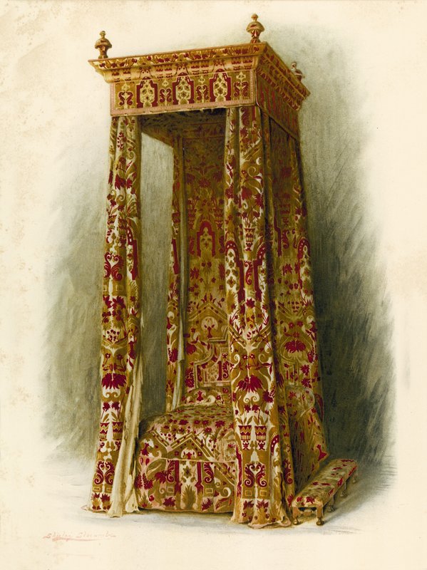 Kárpitozott ágy, Hampton Court Palace (chromolitho) alkotó: Shirley Charles Llewellyn Slocombe