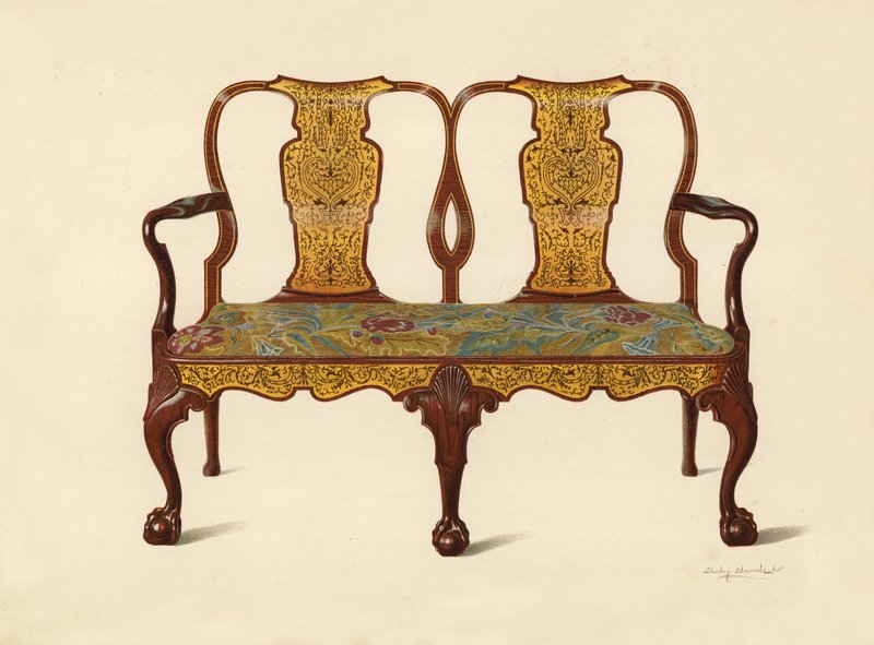 Diófa ülőgarnitúra intarziával, Percy Macquoid tulajdona (chromolitho) alkotó: Shirley Charles Llewellyn Slocombe