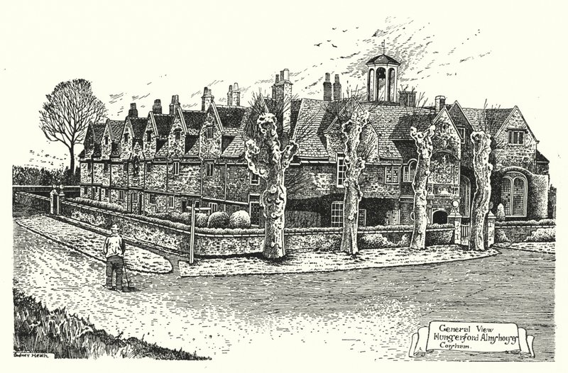 Általános nézet, Hungerford Almshouses, Corsham (metszet) alkotó: Sidney Heath