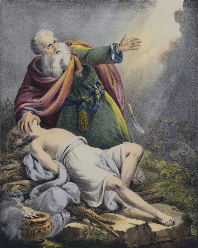 Ábrahám felajánlja fiát, Izsákot (színes metszet) alkotó: Siegfried Detler Bendixen