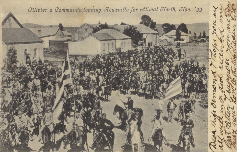 Képeslap, amelyen Olliviers Commando Rouxville-ből távozik alkotó: South African Photographer
