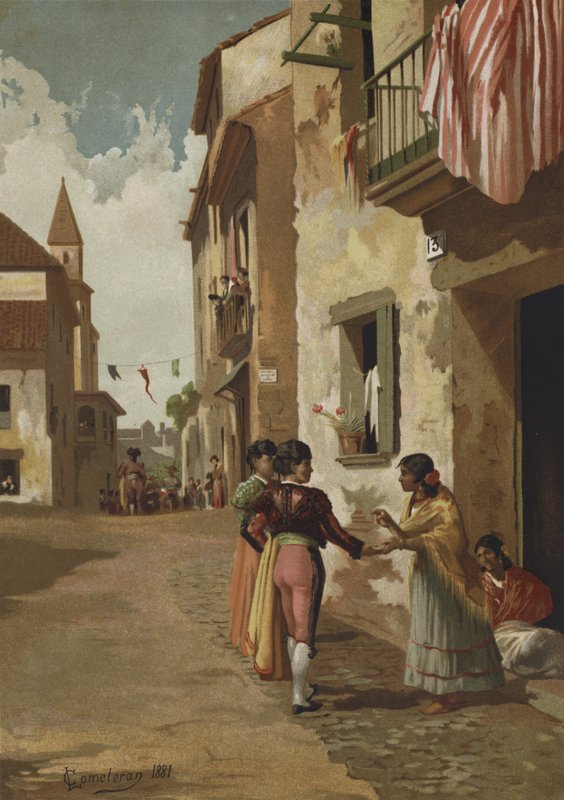 Cigány nő szerencsét kíván egy torreádornak alkotó: Spanish School