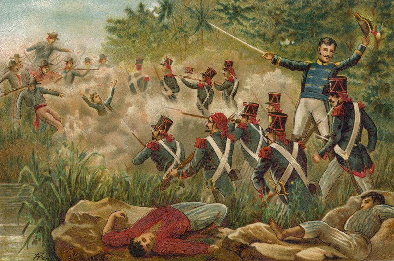 Simon Bolivar hadserege a spanyolok ellen harcol a Magdalena folyón, Kolumbiában alkotó: Spanish School