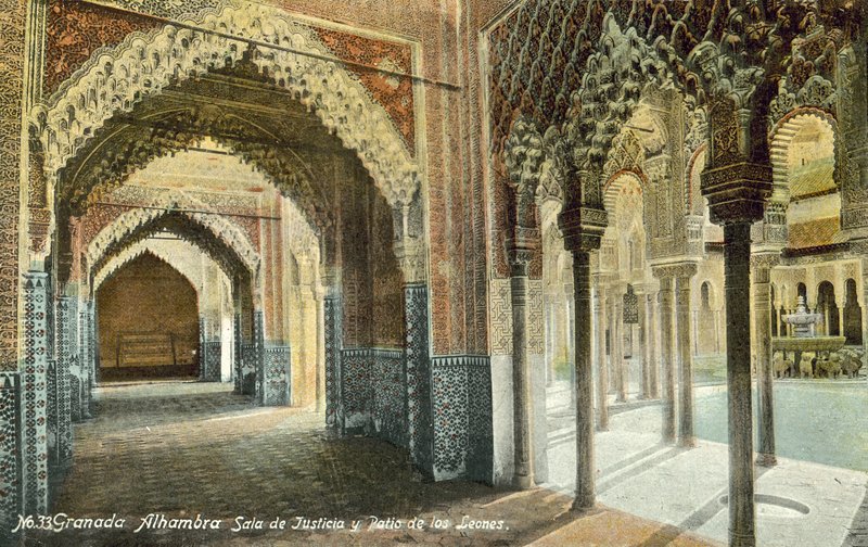 Az Igazságügyi Csarnok és az Oroszlánok Udvara, Alhambra, Granada (színes fotó) alkotó: Spanish Photographer