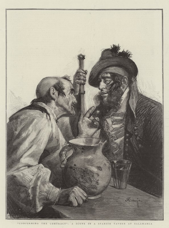 "A szerződés megerősítése", jelenet egy spanyol kocsmában Salamancában (metszet) alkotó: Spanish School