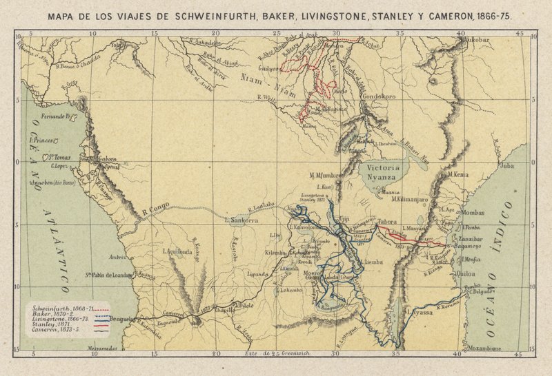 Georg August Schweinfurth, Samuel Baker, David Livingstone, Henry Morton Stanley és Verney Lovett Cameron afrikai utazásait bemutató térkép alkotó: Spanish School